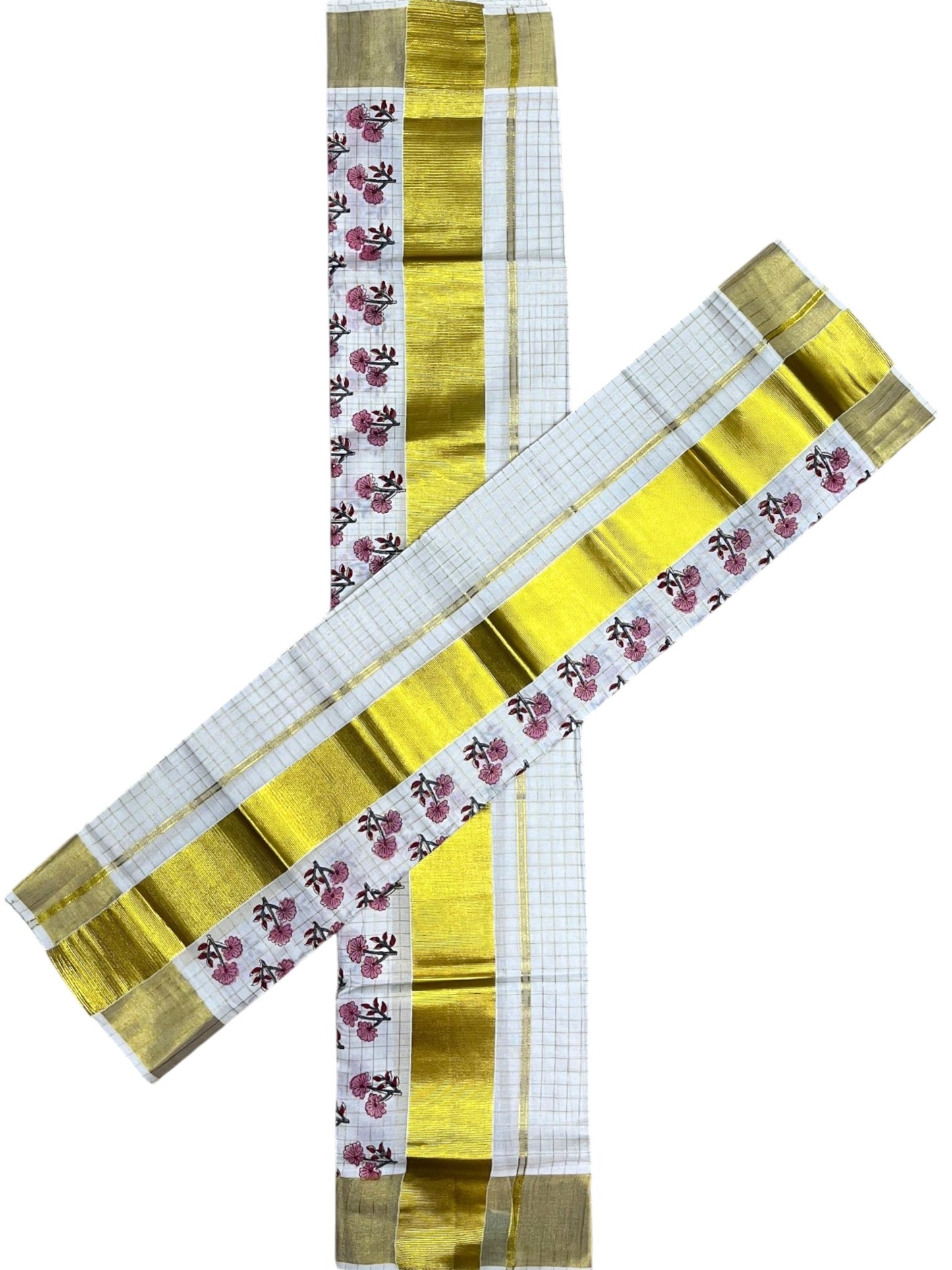 Southloom Kerala Check Pure Cotton Set Mundu with Gold Kasavu And Block Prints Across Body SL563
