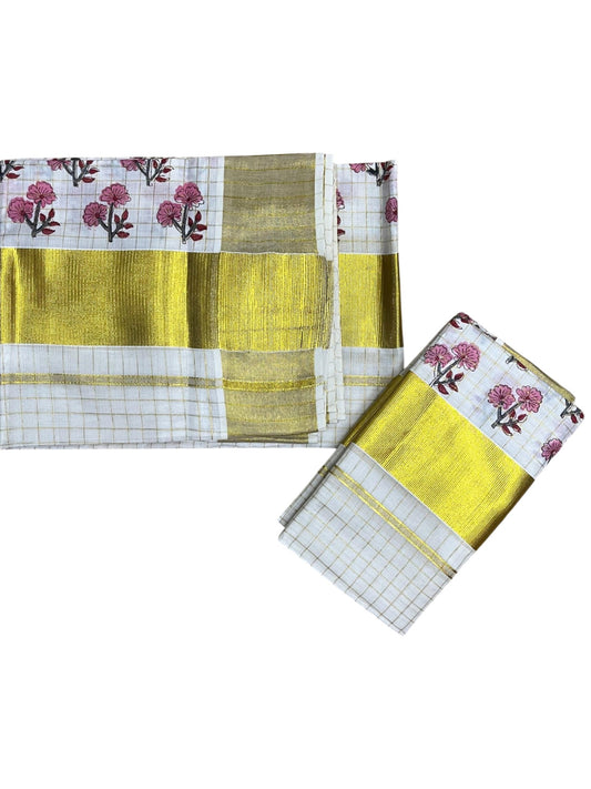 Southloom Kerala Check Pure Cotton Set Mundu with Gold Kasavu And Block Prints Across Body SL563