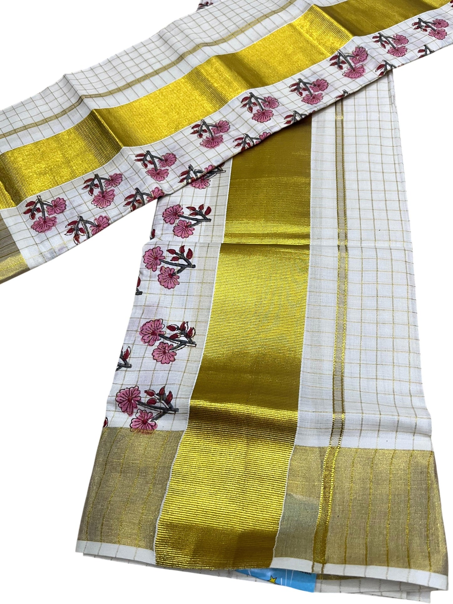 Southloom Kerala Check Pure Cotton Set Mundu with Gold Kasavu And Block Prints Across Body SL563