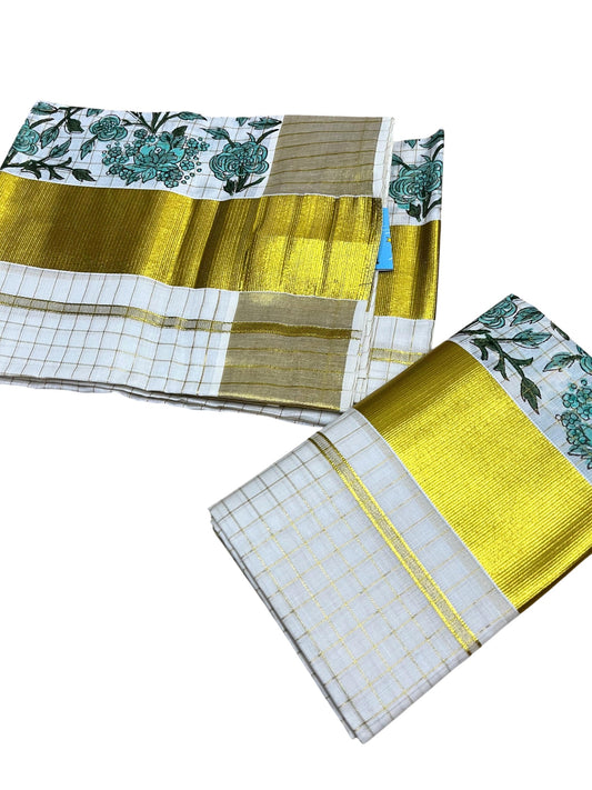 Southloom Kerala Check Pure Cotton Set Mundu with Gold Kasavu And Block Prints Across Body SL563