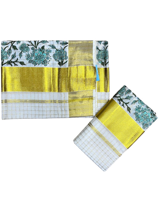 Southloom Kerala Check Pure Cotton Set Mundu with Gold Kasavu And Block Prints Across Body SL563