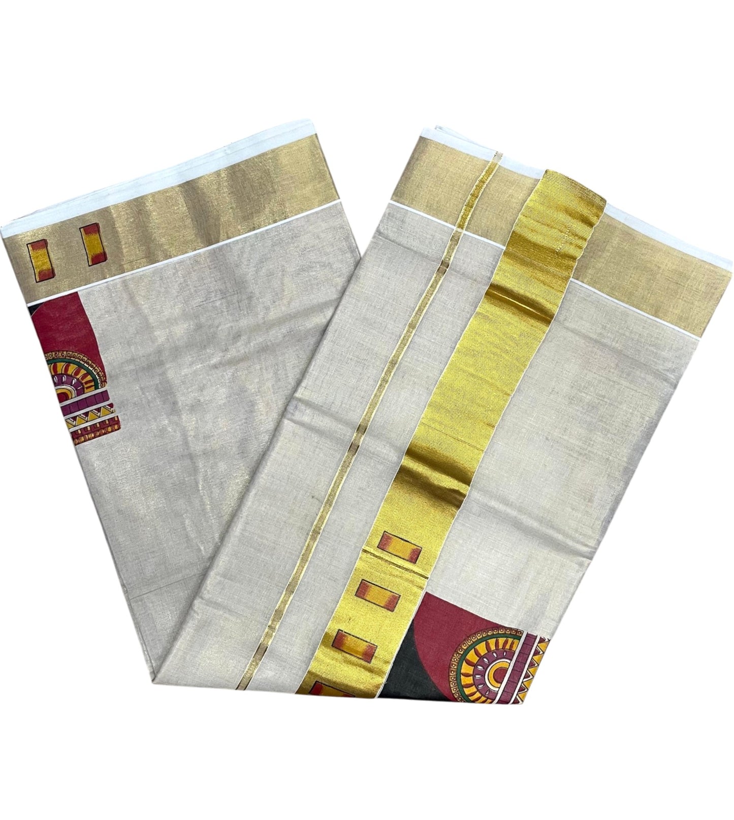 Southloom Kerala Tissue Kasavu Saree with Theyyam Mural Printed Design