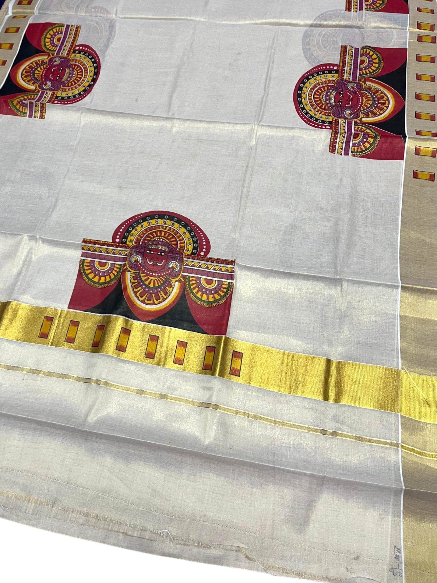 Southloom Kerala Tissue Kasavu Saree with Theyyam Mural Printed Design