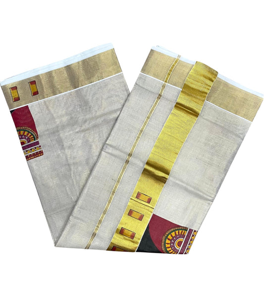 Southloom Kerala Tissue Kasavu Saree with Theyyam Mural Printed Design