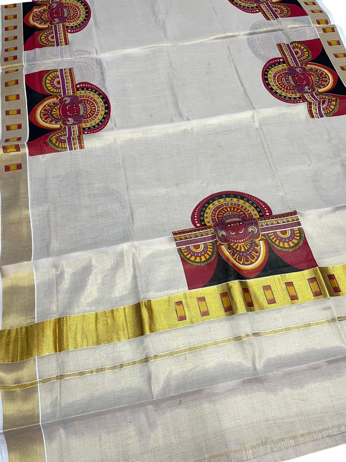 Southloom Kerala Tissue Kasavu Saree with Theyyam Mural Printed Design