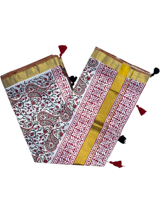 Southloom Cotton Kerala Kasavu Saree with Jaipur Block Printed on Body And Borders in Red SL561