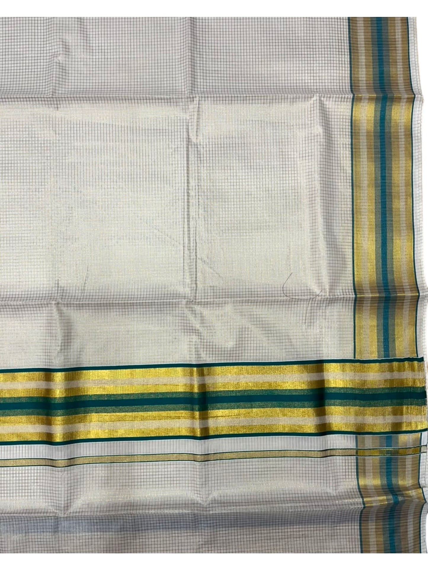 Southloom Kerala Cotton Kasavu Saree with Micro Check Design on Body in Green Border