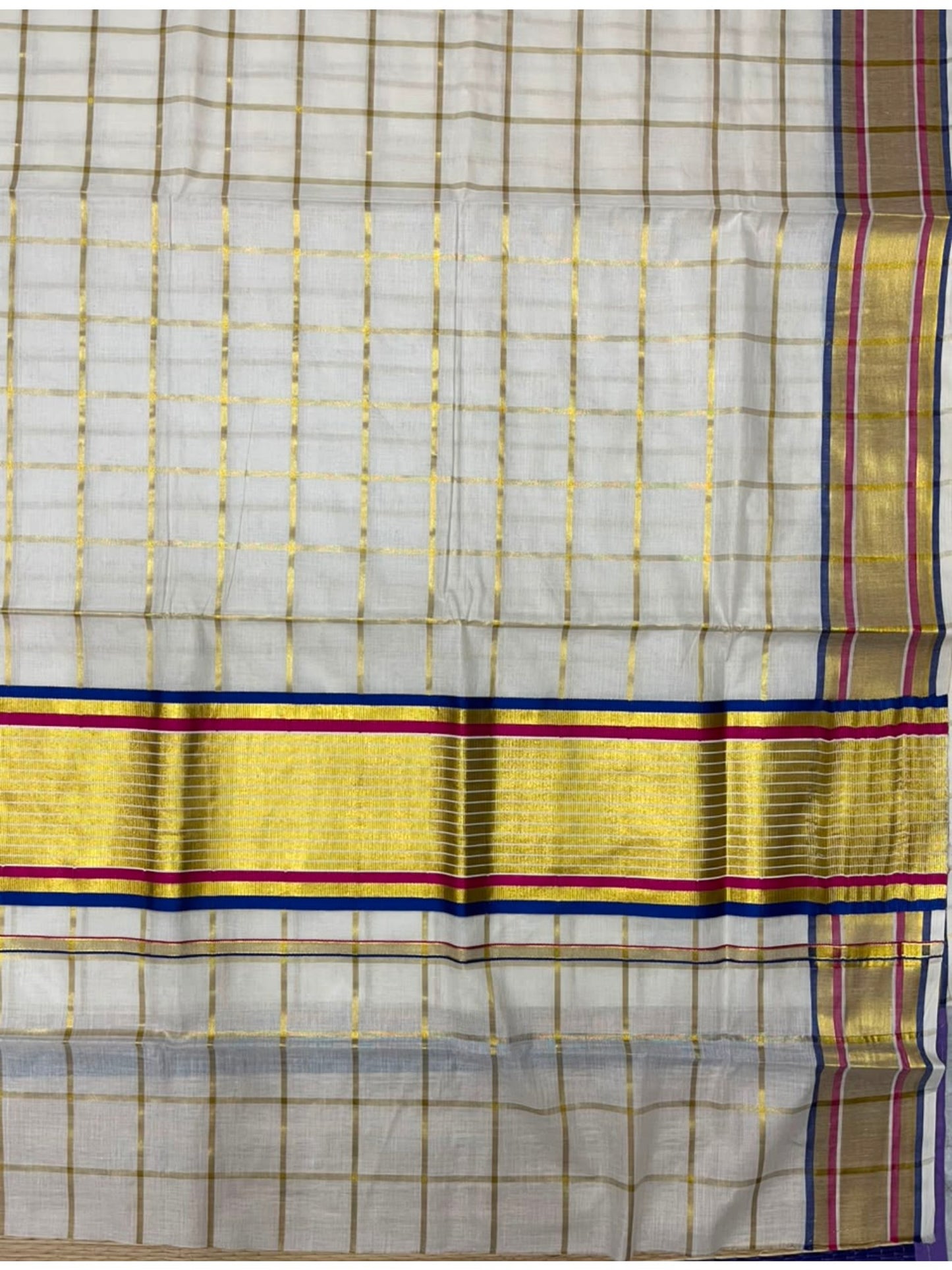 Southloom Kerala Cotton Kasavu Saree with  Check Design on Body in Blue $ Pink  Border