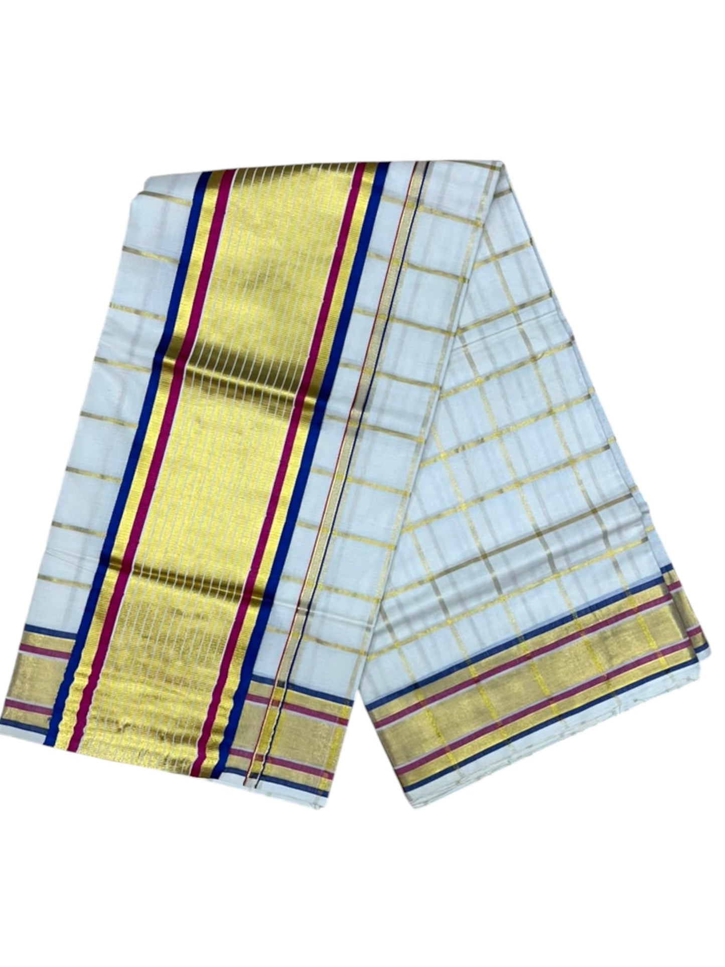 Southloom Kerala Cotton Kasavu Saree with  Check Design on Body in Blue $ Pink  Border