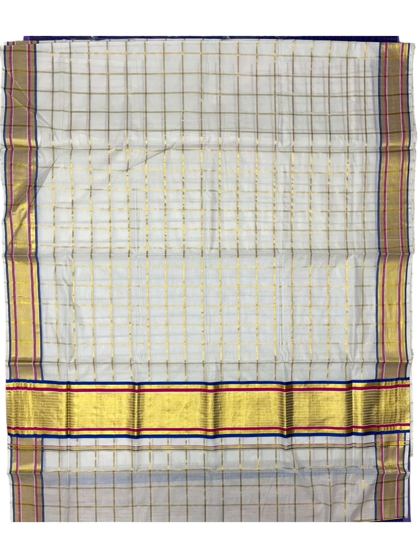 Southloom Kerala Cotton Kasavu Saree with  Check Design on Body in Blue $ Pink  Border