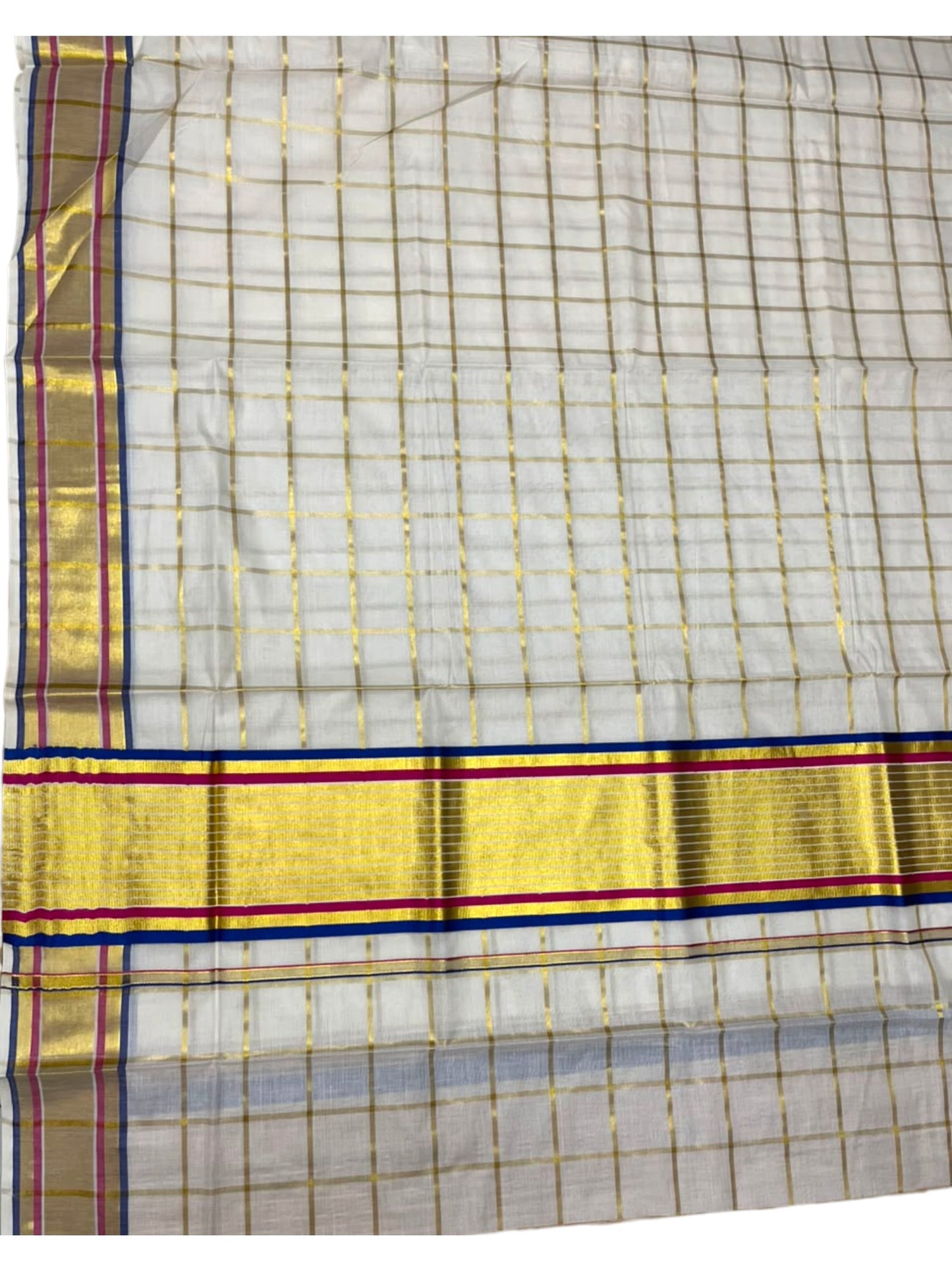 Southloom Kerala Cotton Kasavu Saree with  Check Design on Body in Blue $ Pink  Border