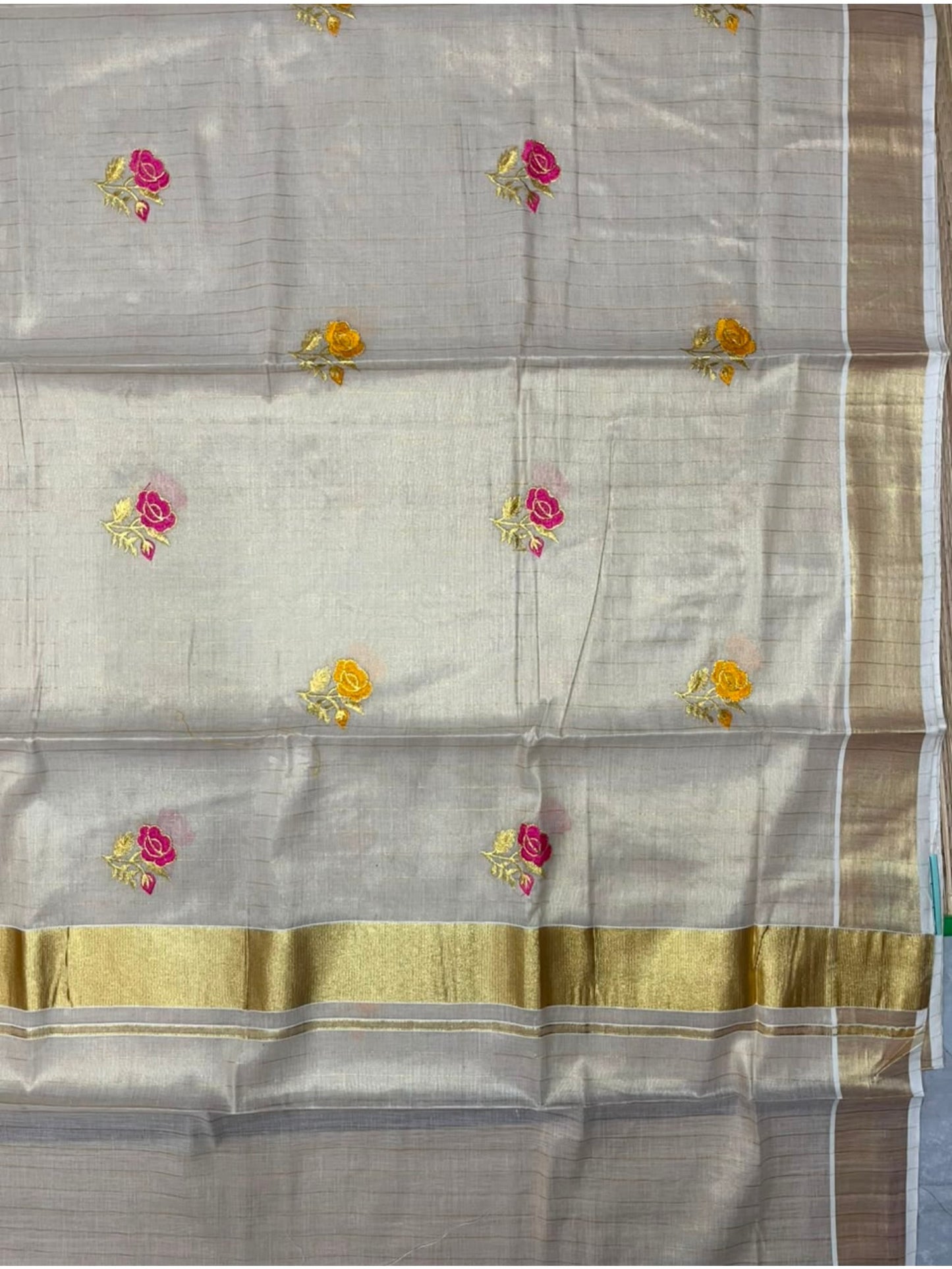 Southloom Kerala Tissue Kasavu Line Saree with Pink&Yellow Floral Embroidery Works