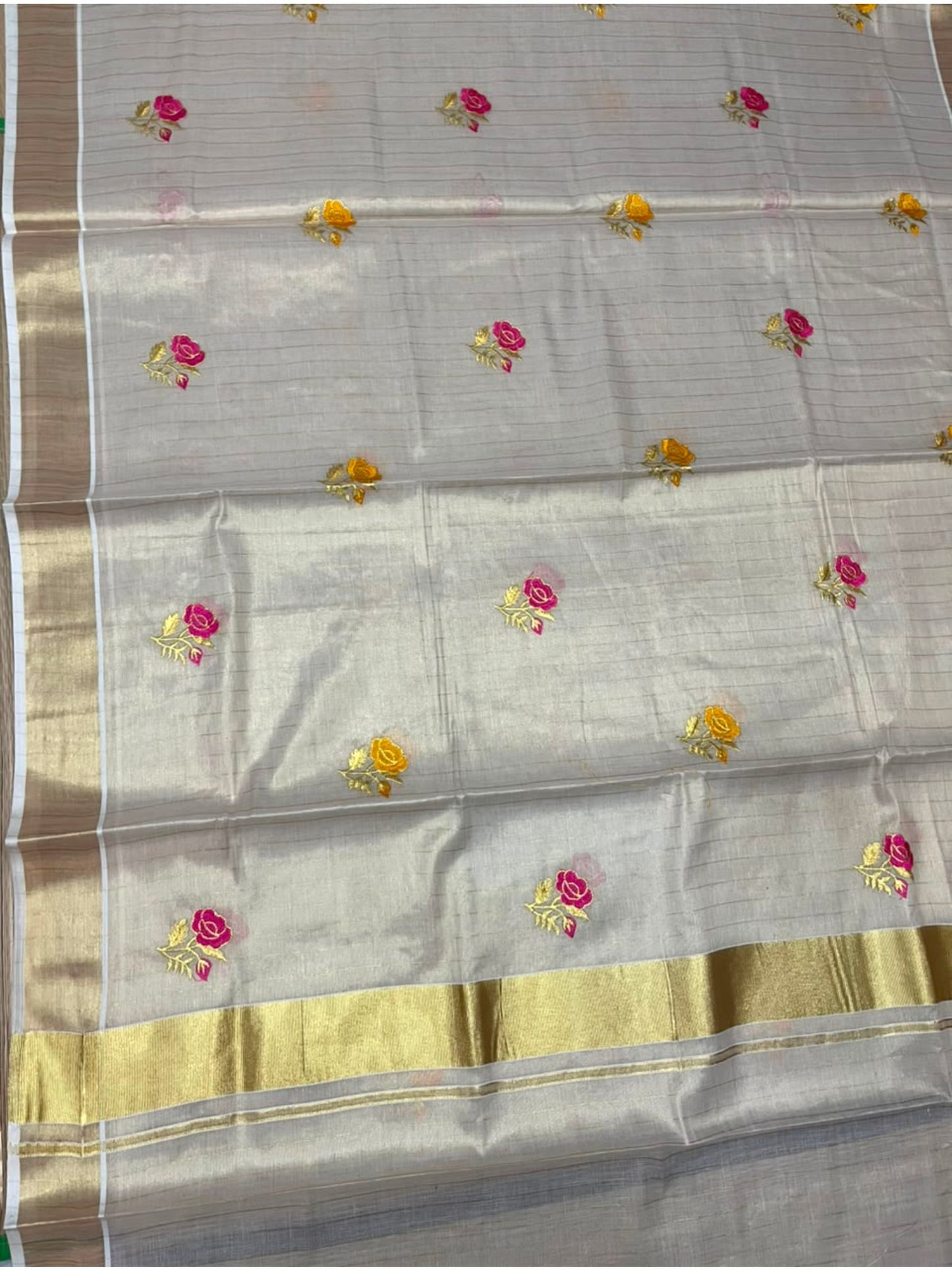 Southloom Kerala Tissue Kasavu Line Saree with Pink&Yellow Floral Embroidery Works