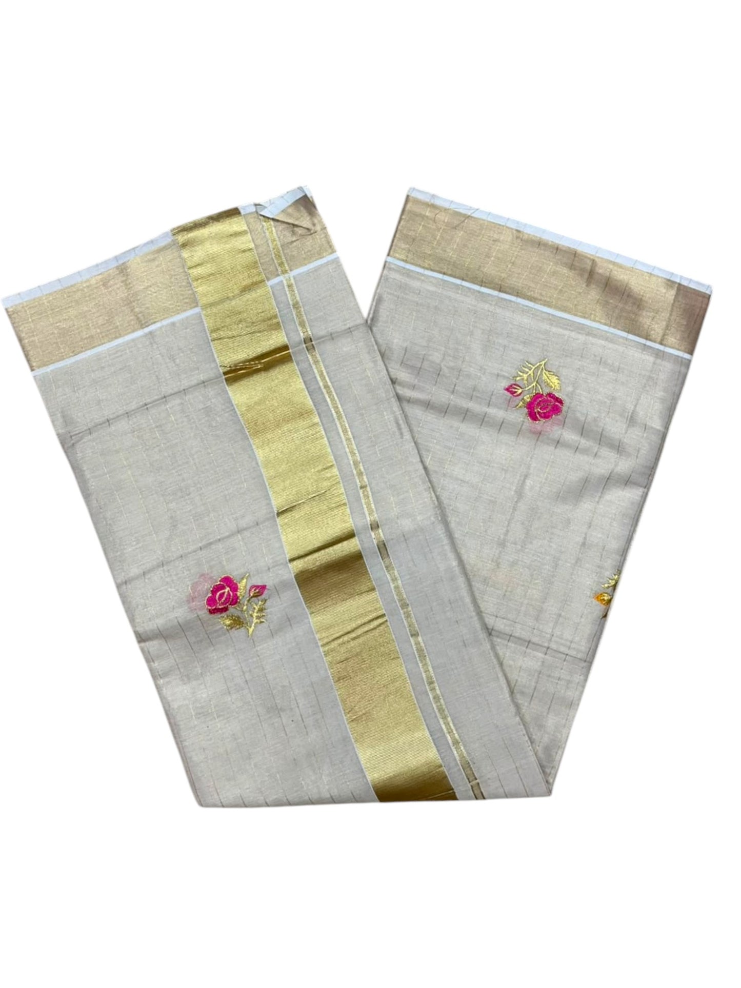 Southloom Kerala Tissue Kasavu Line Saree with Pink&Yellow Floral Embroidery Works