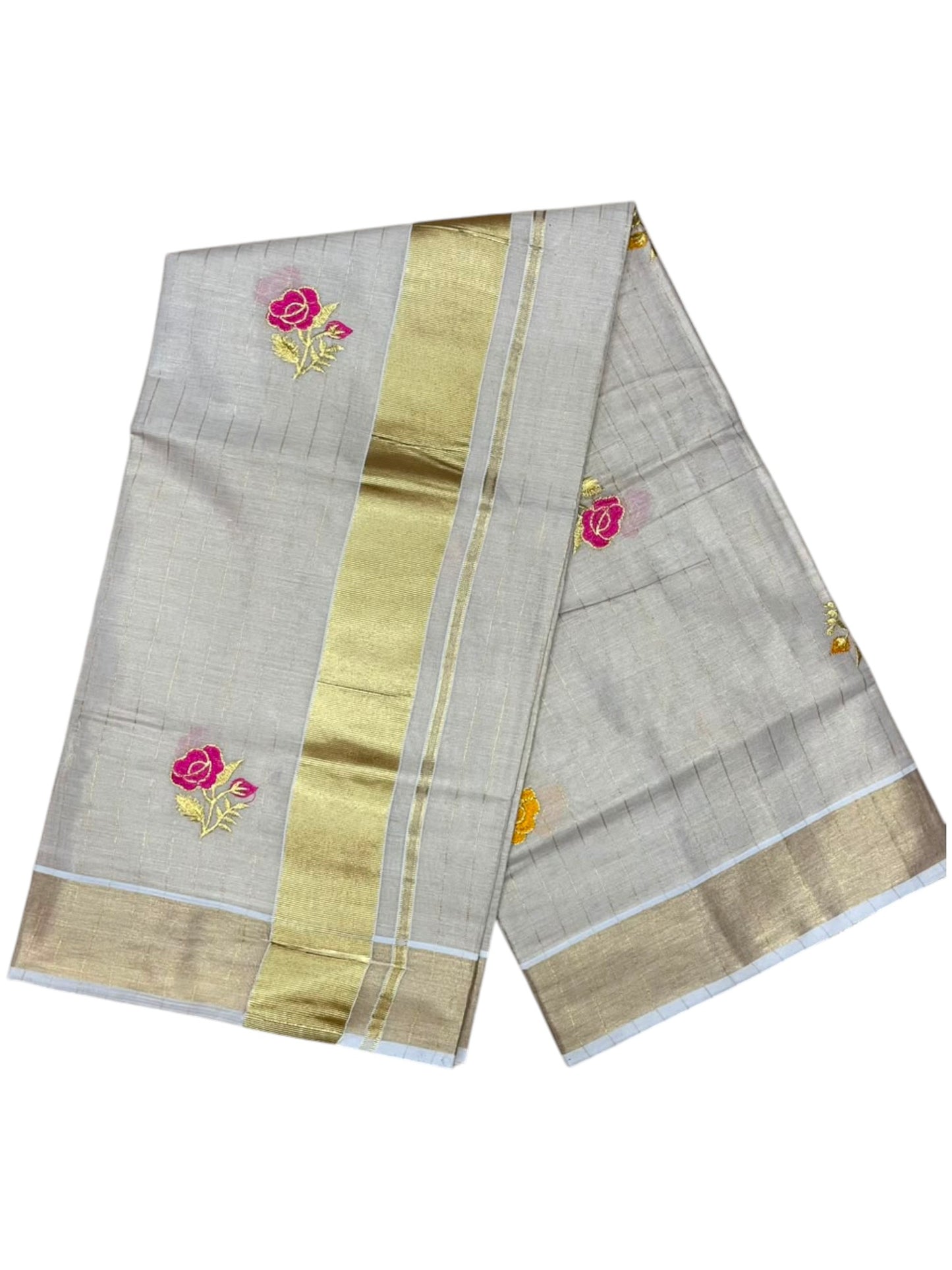 Southloom Kerala Tissue Kasavu Line Saree with Pink&Yellow Floral Embroidery Works