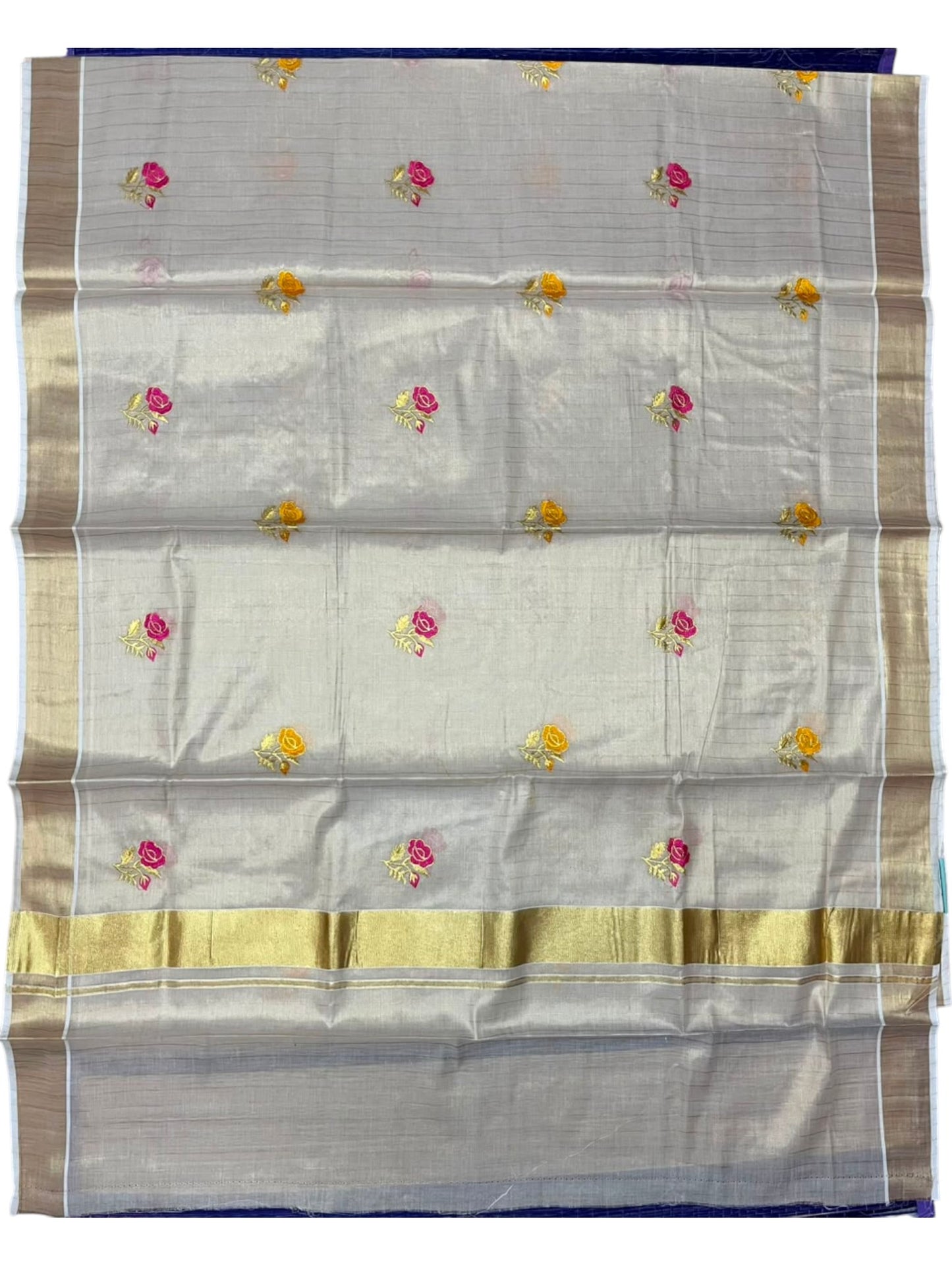 Southloom Kerala Tissue Kasavu Line Saree with Pink&Yellow Floral Embroidery Works