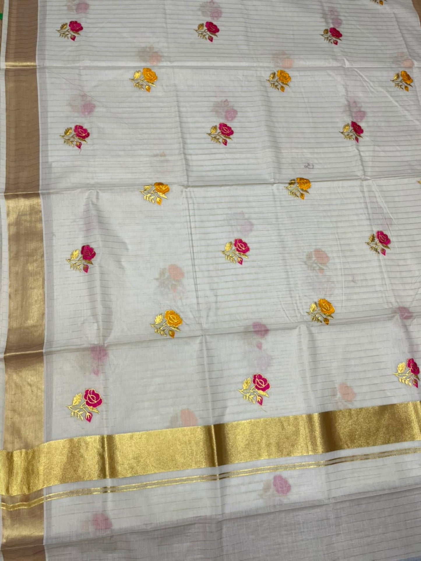 Southloom Kerala Cotton Kasavu Line Saree with Pink&Yellow Floral Embroidery Works