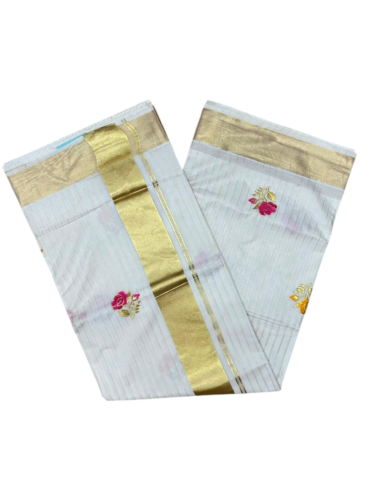 Southloom Kerala Cotton Kasavu Line Saree with Pink&Yellow Floral Embroidery Works