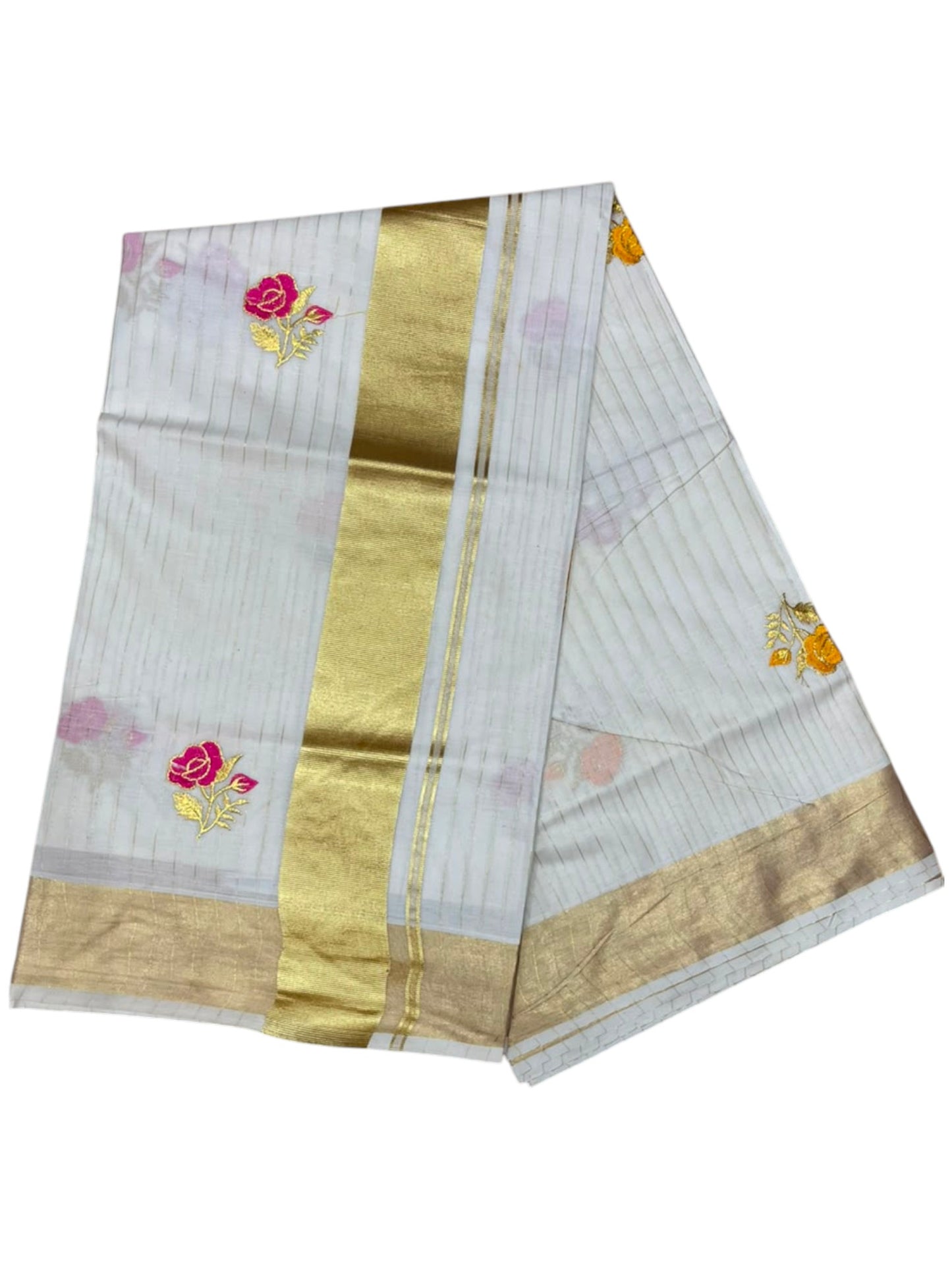 Southloom Kerala Cotton Kasavu Line Saree with Pink&Yellow Floral Embroidery Works