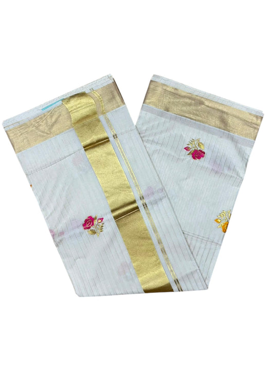 Southloom Kerala Cotton Kasavu Line Saree with Pink&Yellow Floral Embroidery Works