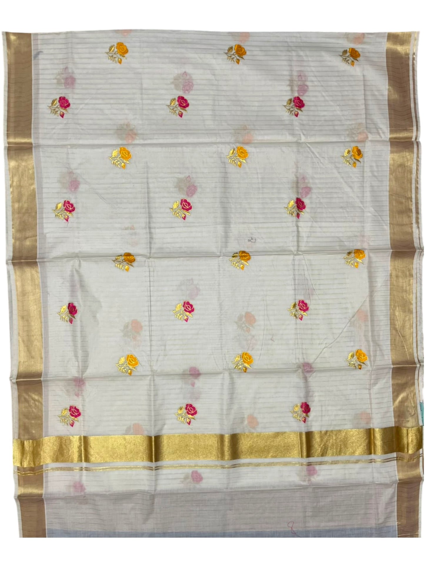 Southloom Kerala Cotton Kasavu Line Saree with Pink&Yellow Floral Embroidery Works