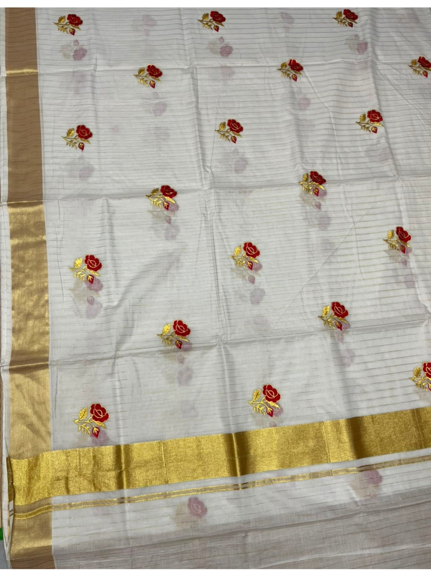 Southloom Kerala Cotton Kasavu Line Saree with Red Floral Embroidery Works