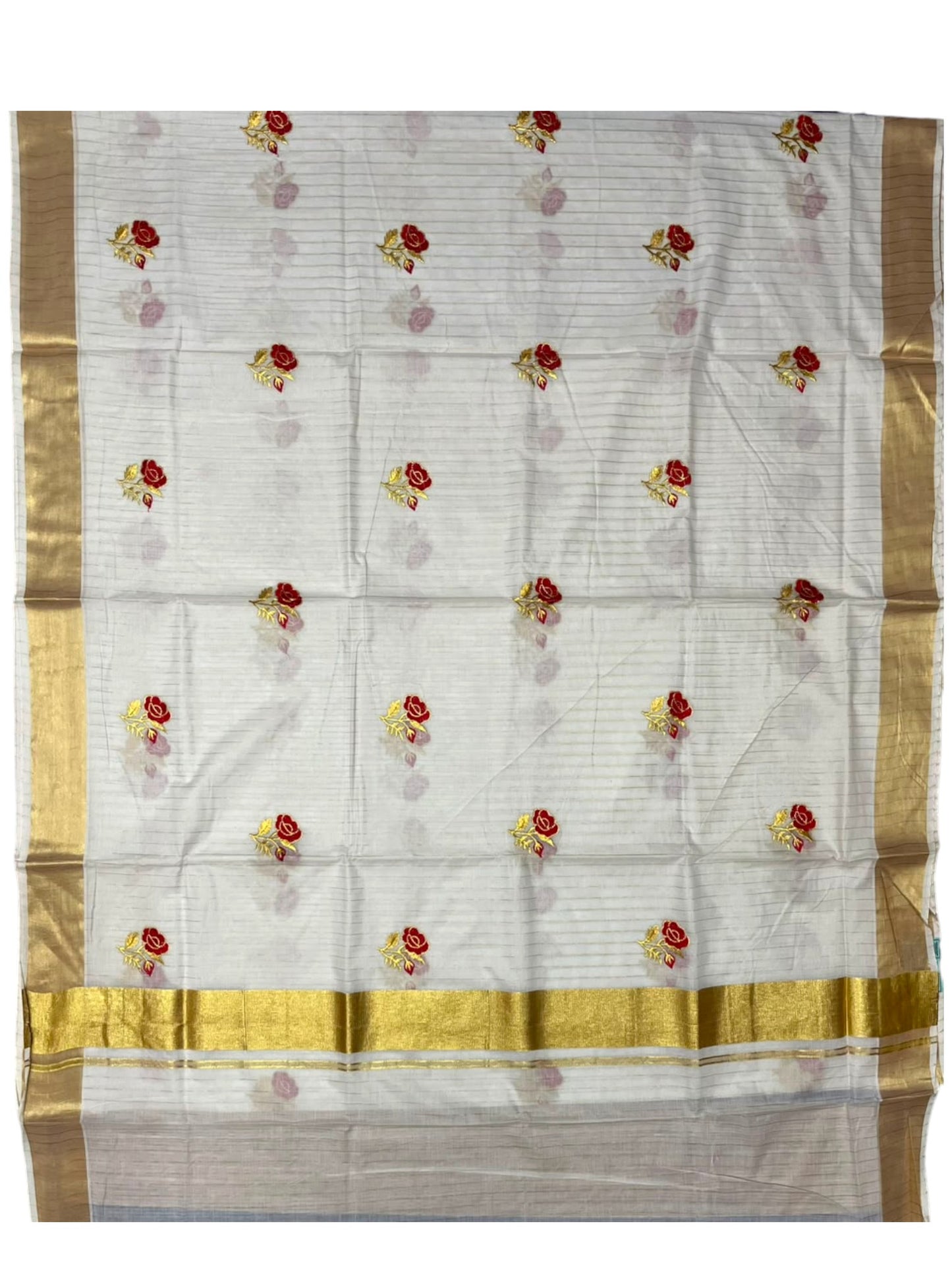 Southloom Kerala Cotton Kasavu Line Saree with Red Floral Embroidery Works