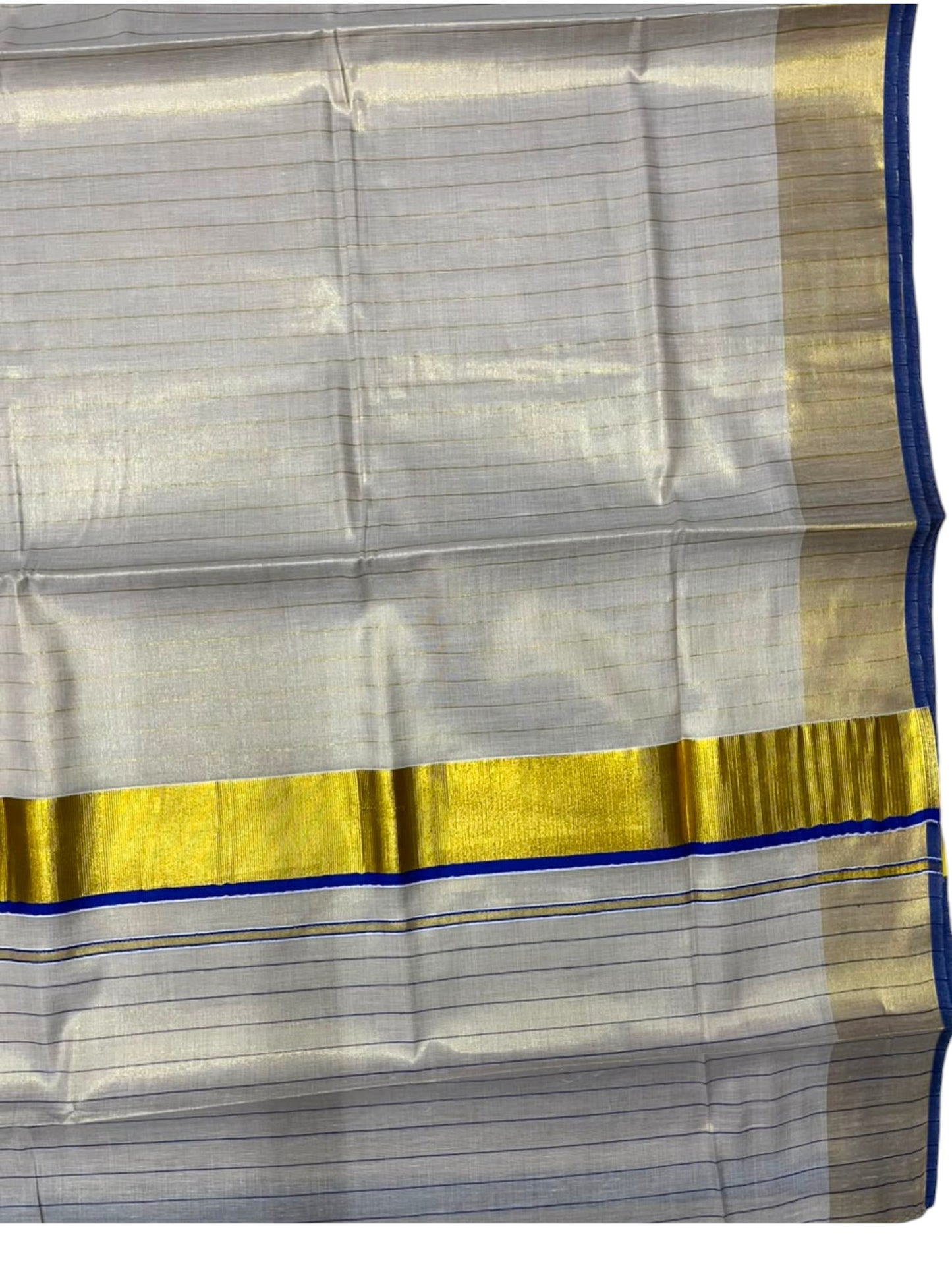 Southloom Kerala Tissue Kasavu Saree with Stripes on Body In Blue Border