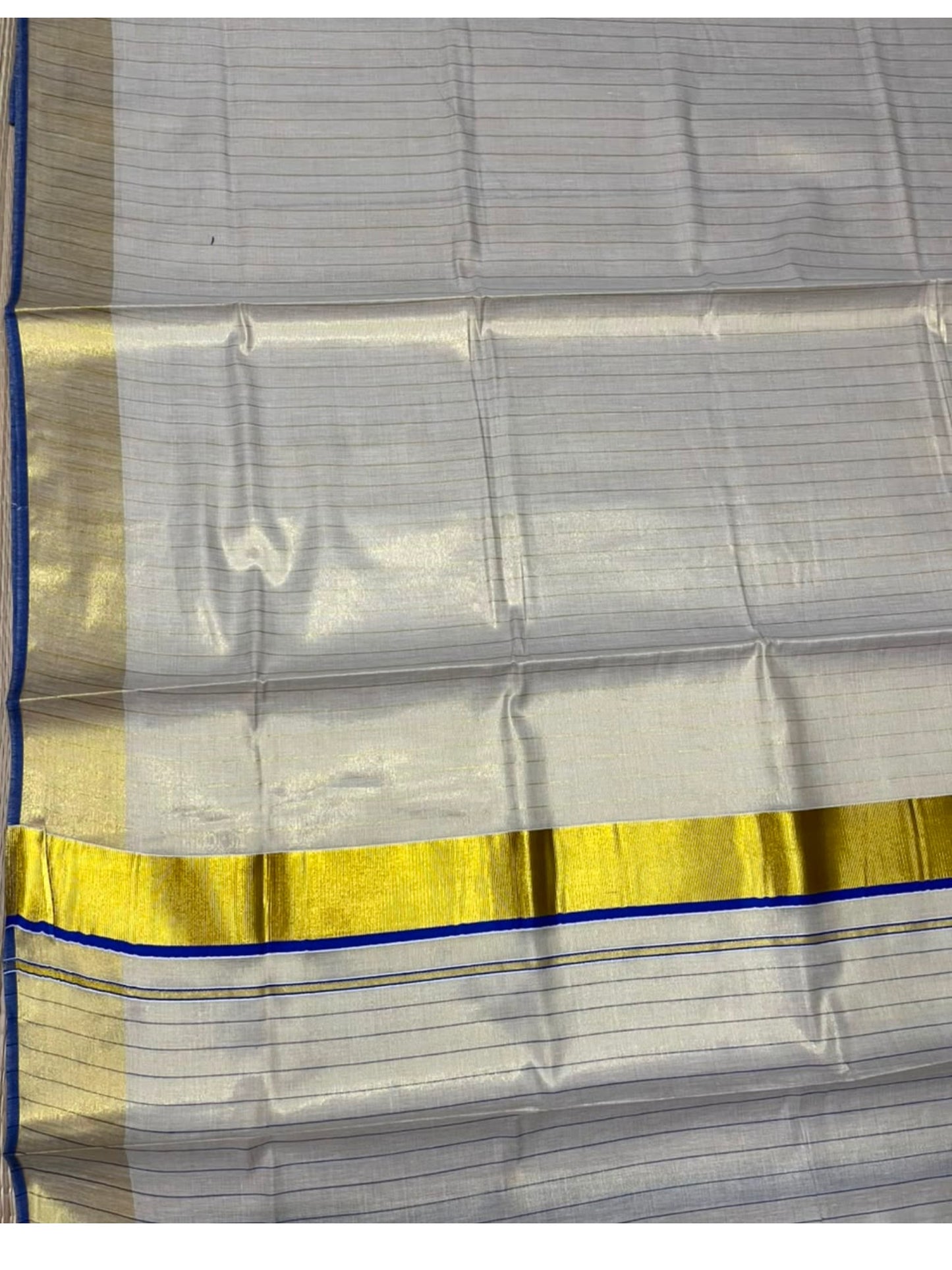 Southloom Kerala Tissue Kasavu Saree with Stripes on Body In Blue Border