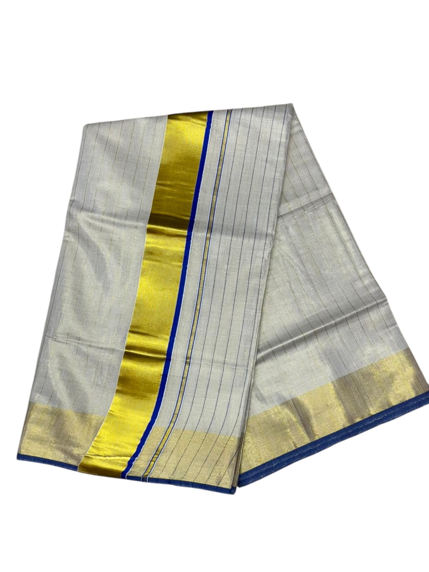 Southloom Kerala Tissue Kasavu Saree with Stripes on Body In Blue Border