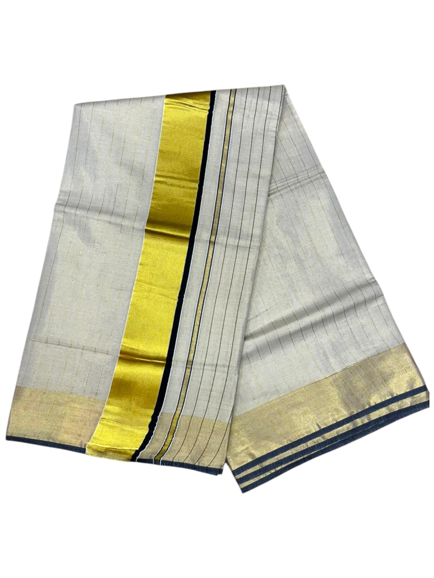 Southloom Kerala Tissue Kasavu Saree with Stripes on Body In Black Border