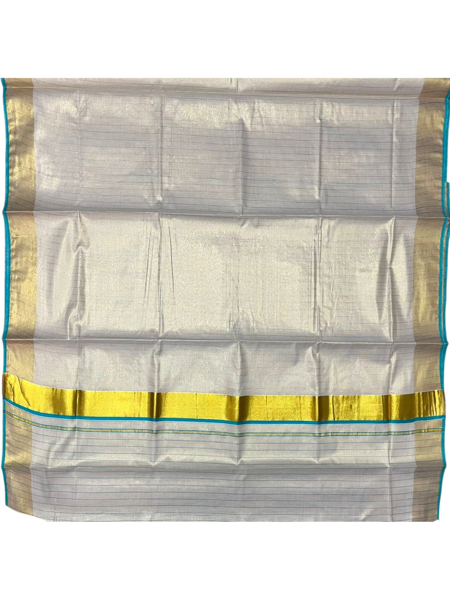 Southloom Kerala Tissue Kasavu Saree with Stripes on Body In Turquoise Border