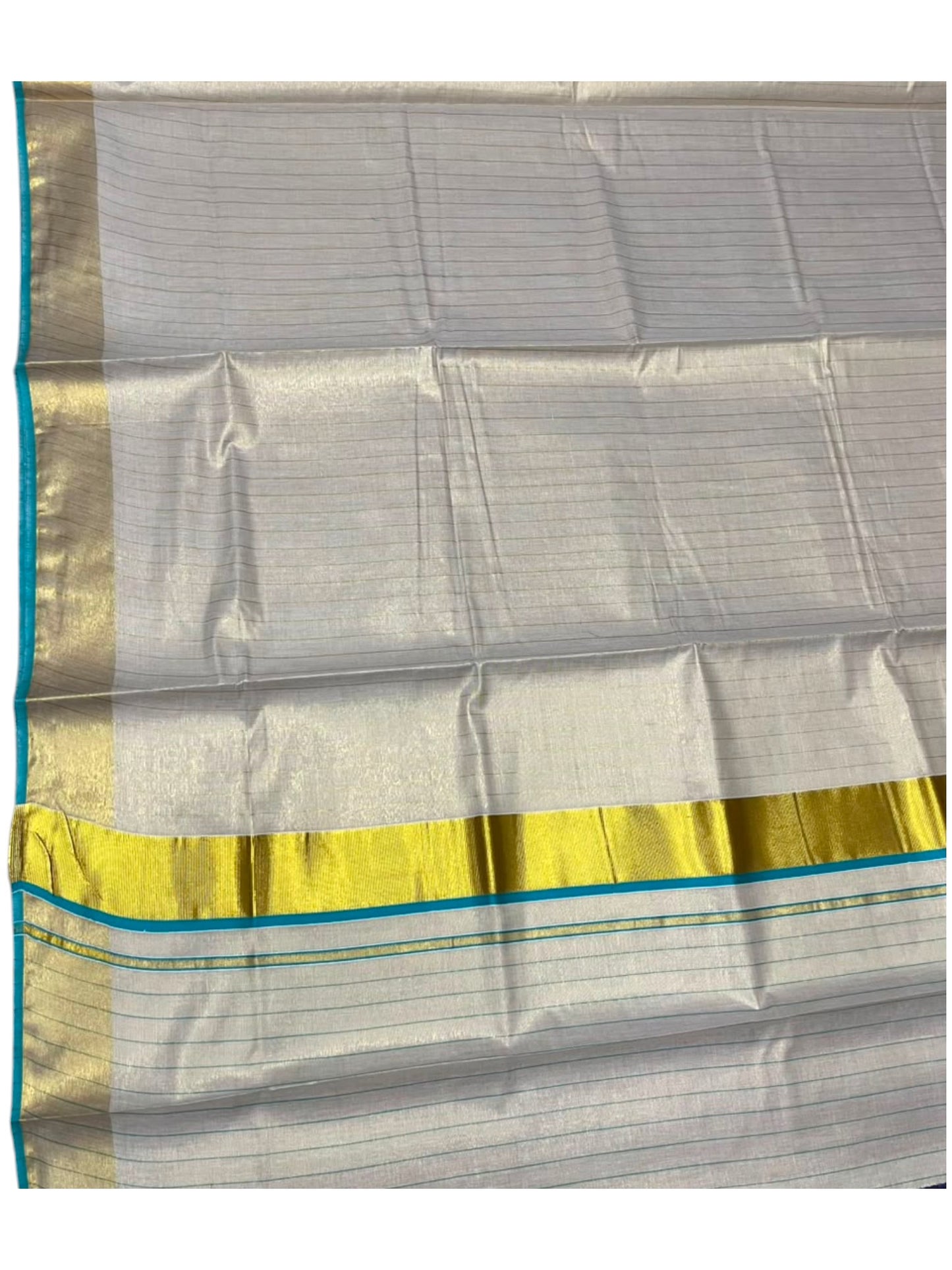 Southloom Kerala Tissue Kasavu Saree with Stripes on Body In Turquoise Border