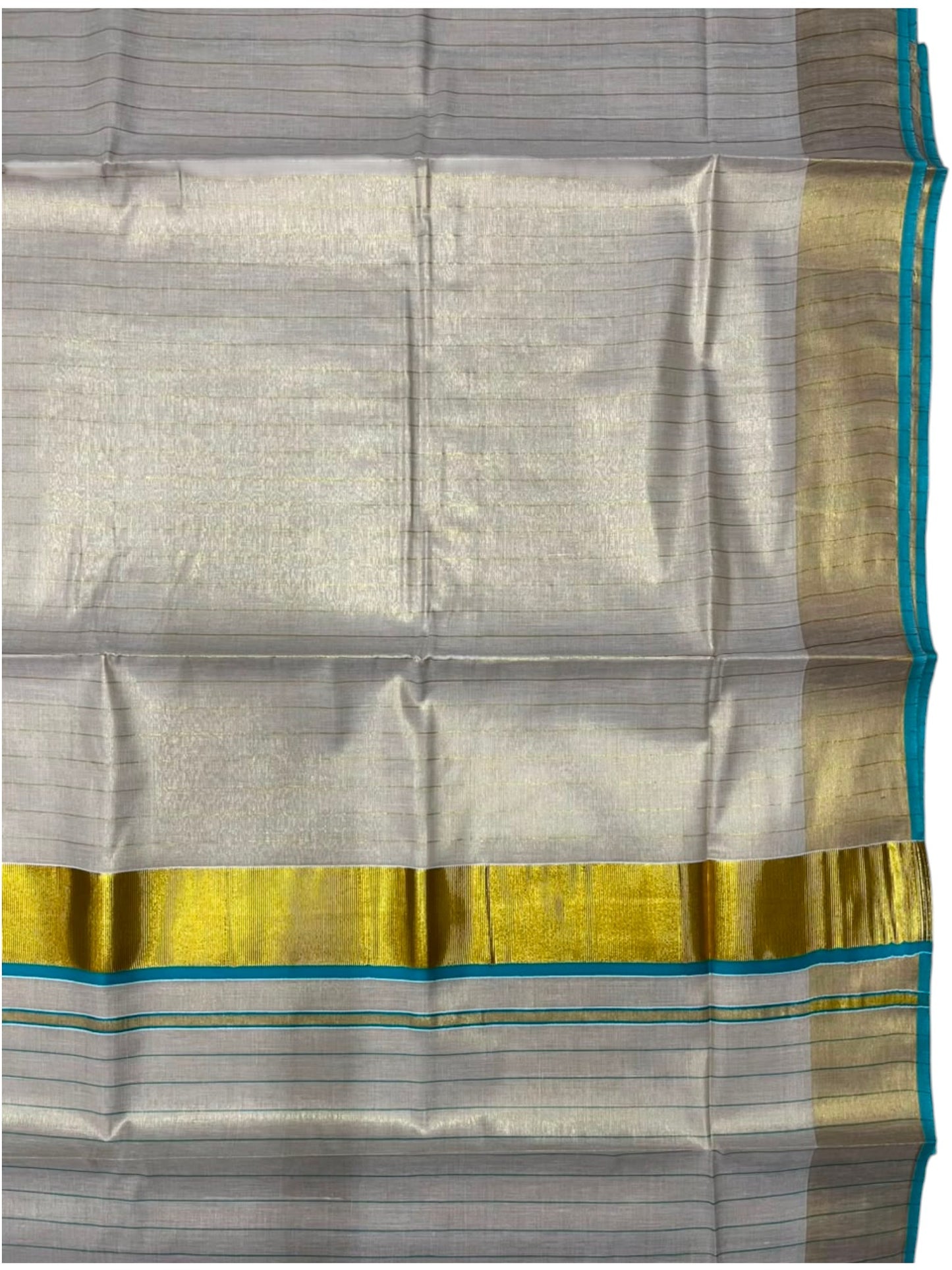 Southloom Kerala Tissue Kasavu Saree with Stripes on Body In Turquoise Border