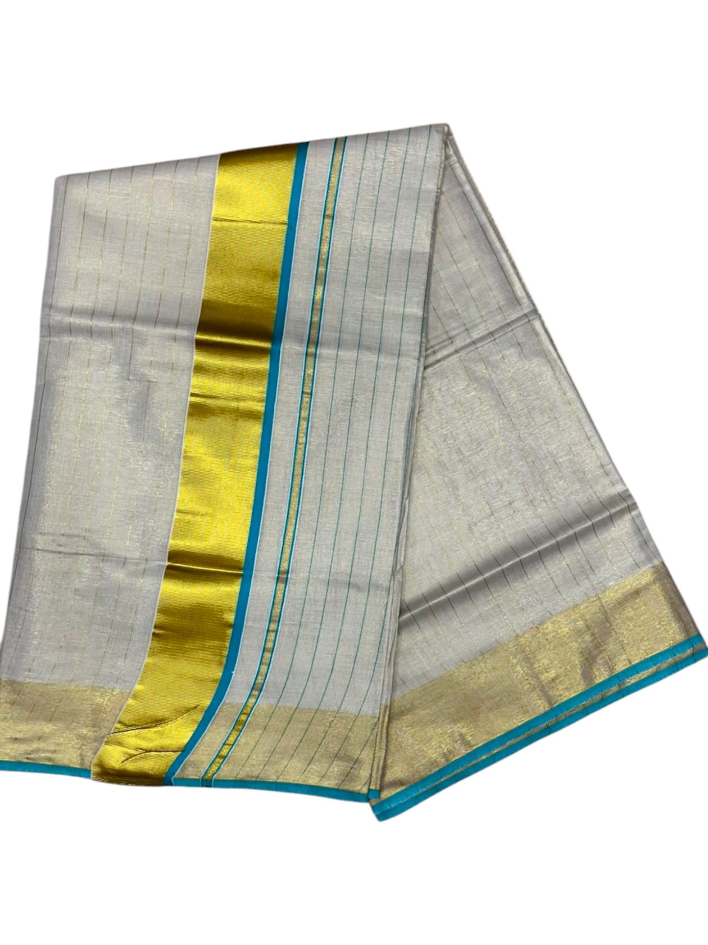 Southloom Kerala Tissue Kasavu Saree with Stripes on Body In Turquoise Border