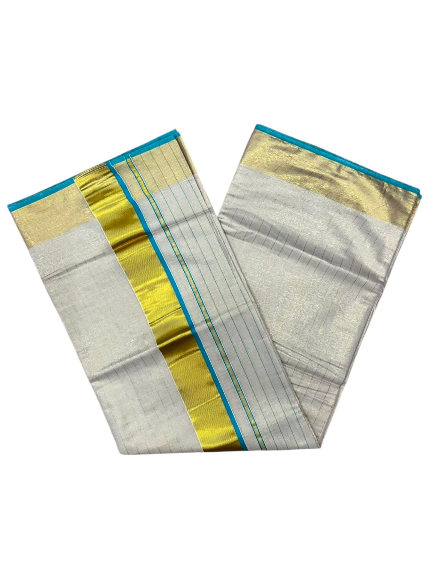 Southloom Kerala Tissue Kasavu Saree with Stripes on Body In Turquoise Border