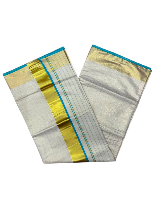 Southloom Kerala Tissue Kasavu Saree with Stripes on Body In Turquoise Border