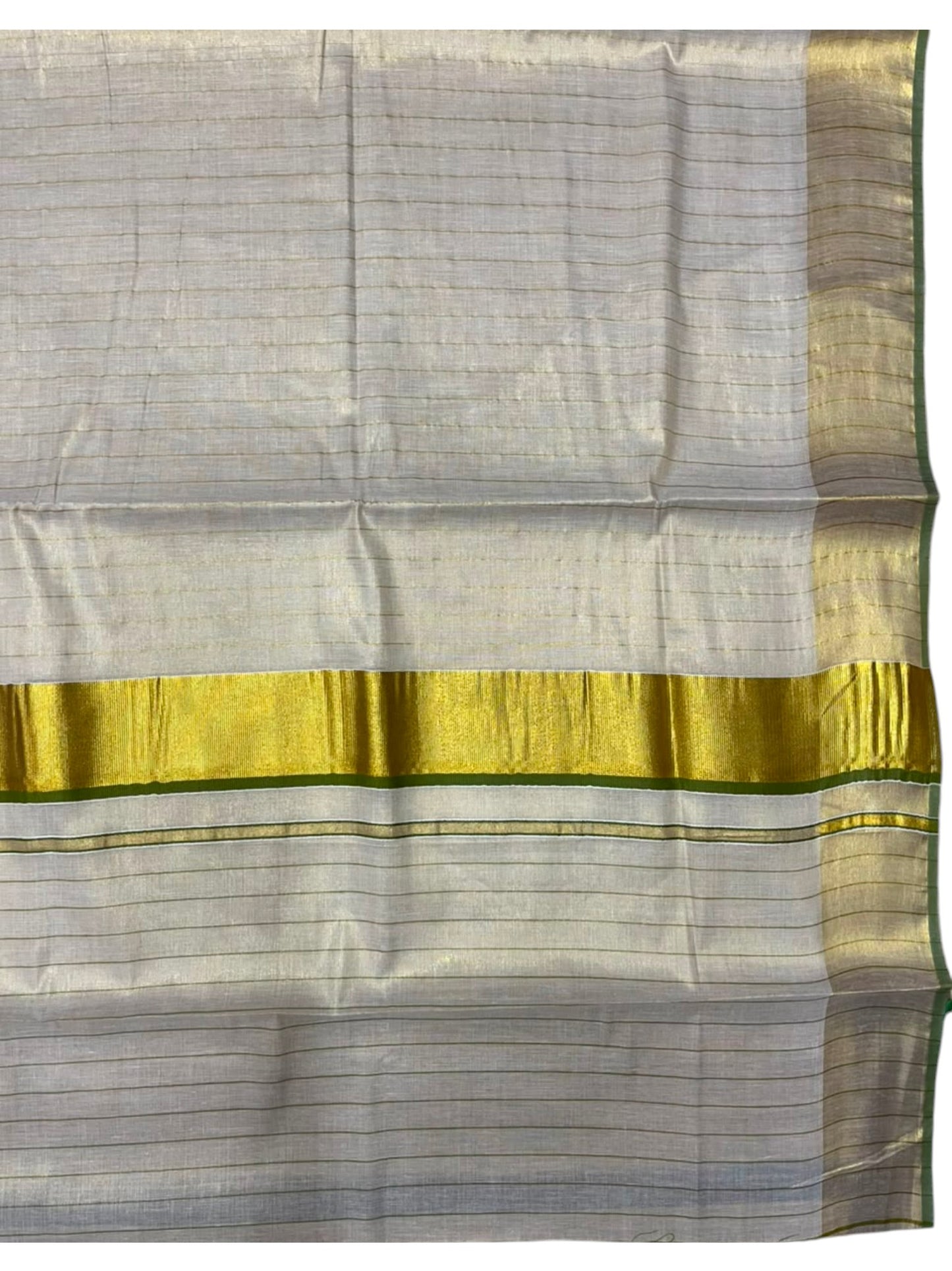 Southloom Kerala Tissue Kasavu Saree with Stripes on Body In Olive Green Border