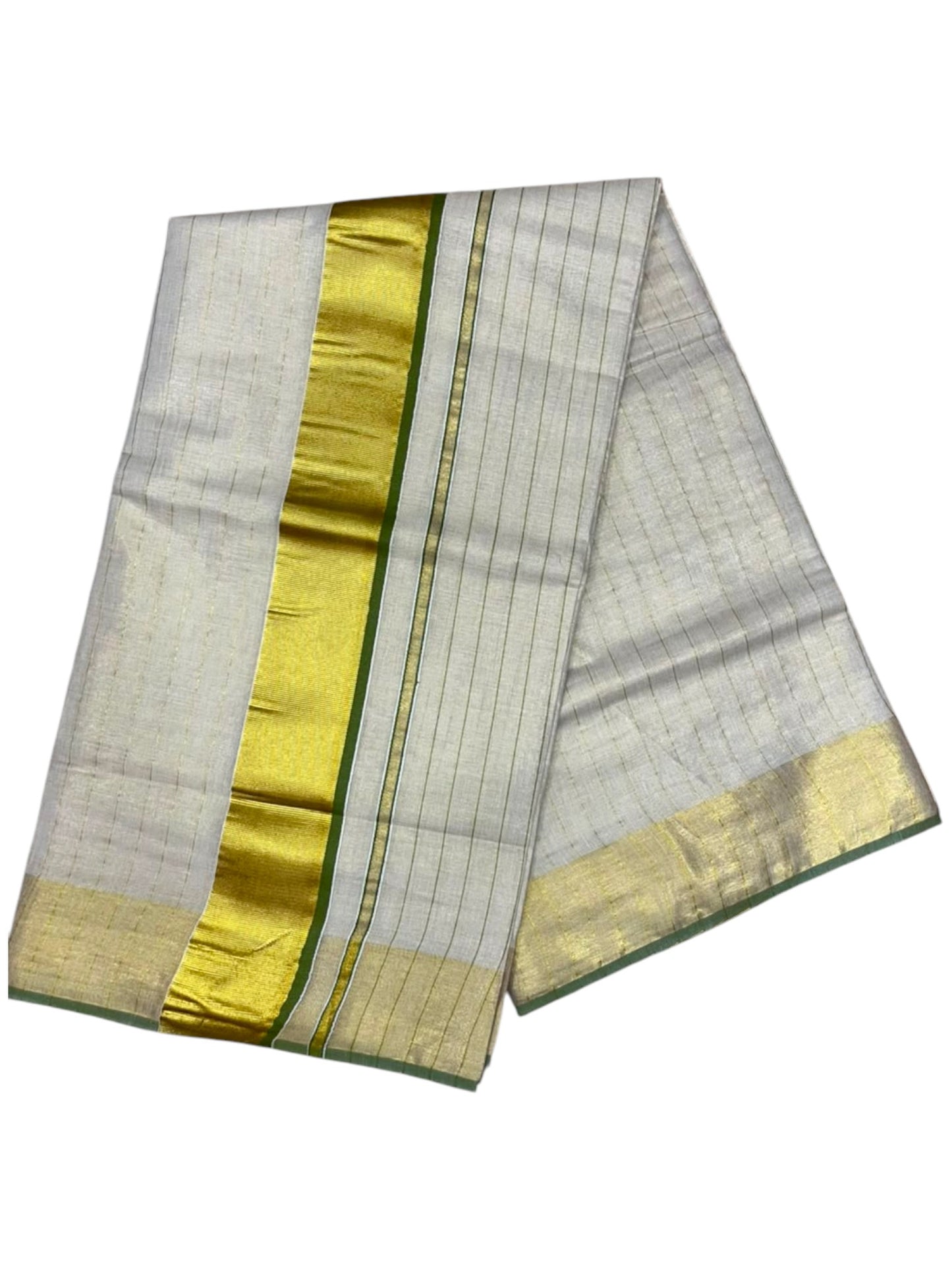 Southloom Kerala Tissue Kasavu Saree with Stripes on Body In Olive Green Border