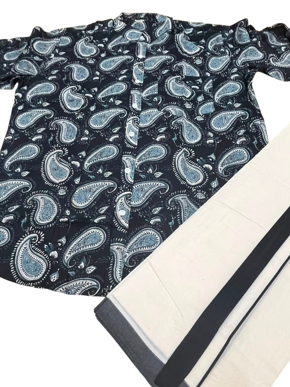 Southloom Cotton Jaipur Printed Men's Combo In Balck (Shirt + Mundu) SLCOMBO SL564