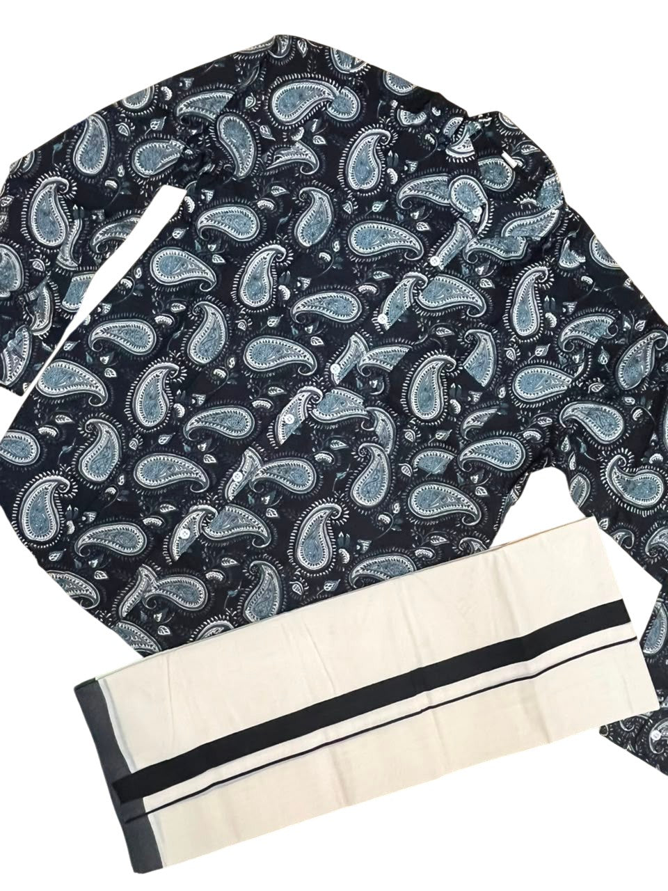 Southloom Cotton Jaipur Printed Men's Combo In Balck (Shirt + Mundu) SLCOMBO SL564
