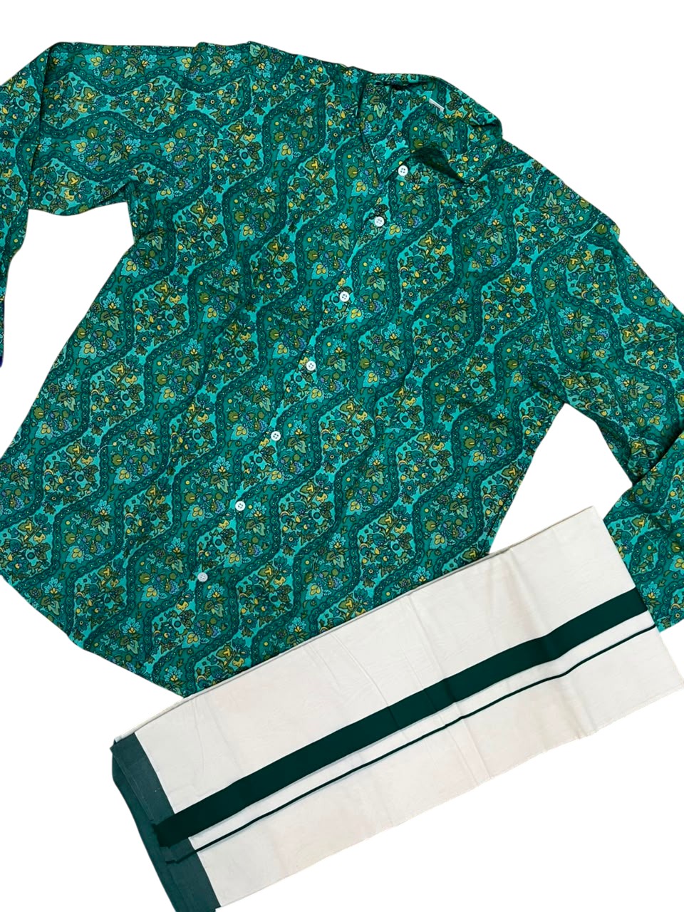 Southloom Cotton Jaipur Printed Men's Combo In Green (Shirt + Mundu) SLCOMBO SL564