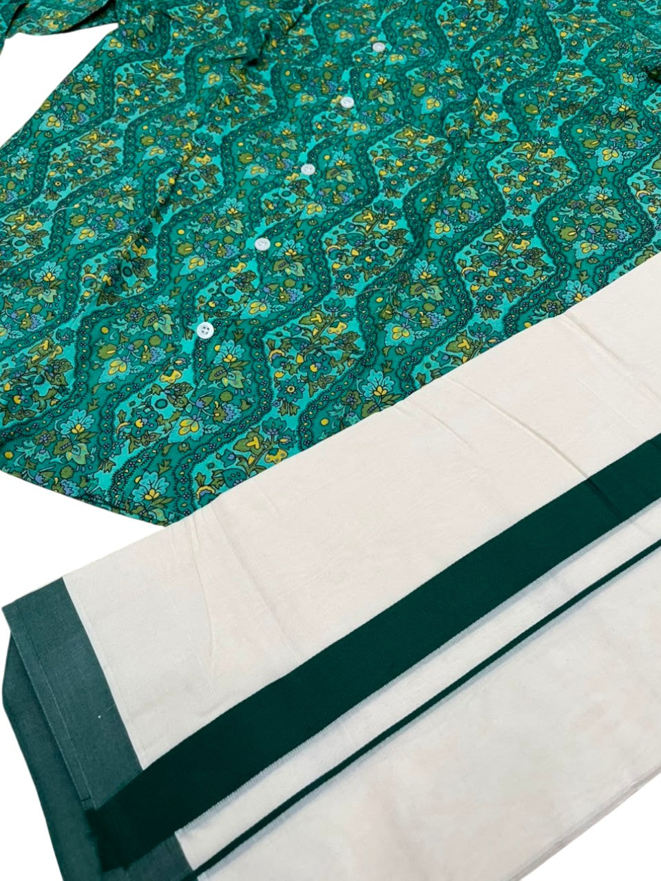 Southloom Cotton Jaipur Printed Men's Combo In Green (Shirt + Mundu) SLCOMBO SL564