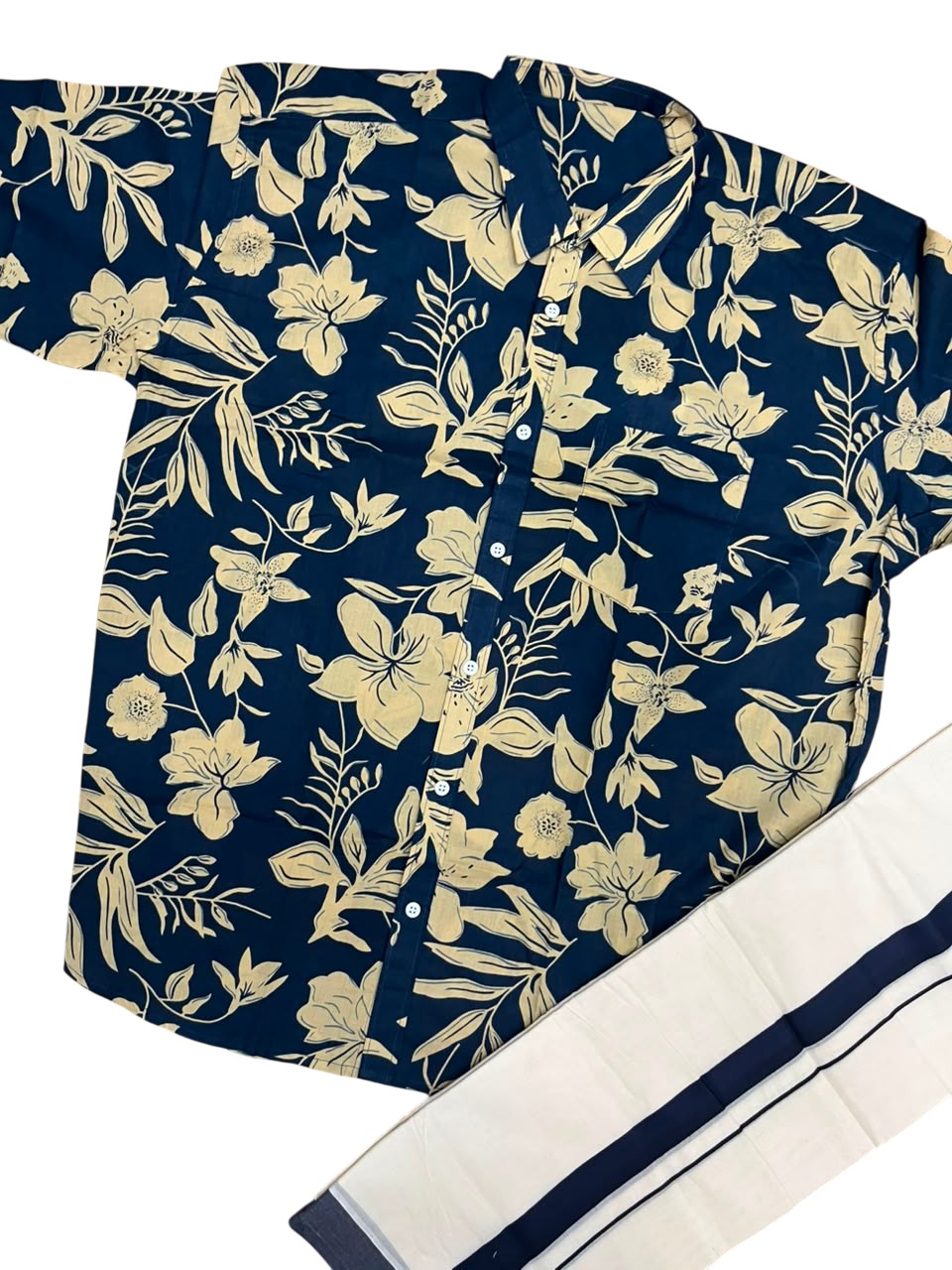 Southloom Cotton Jaipur Printed Men's Combo In Blue (Shirt + Mundu) SLCOMBO SL564