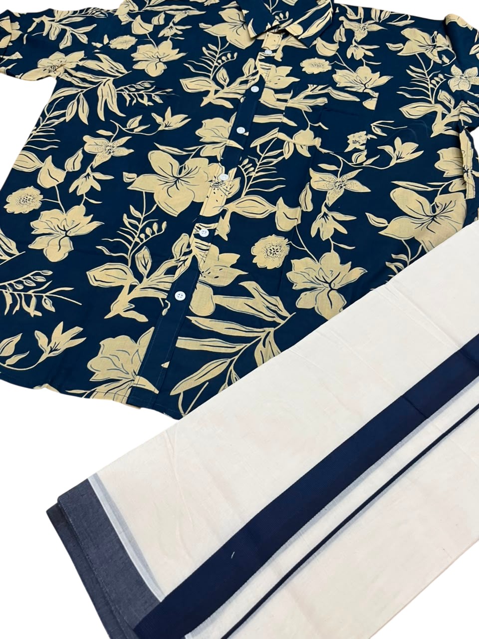 Southloom Cotton Jaipur Printed Men's Combo In Blue (Shirt + Mundu) SLCOMBO SL564