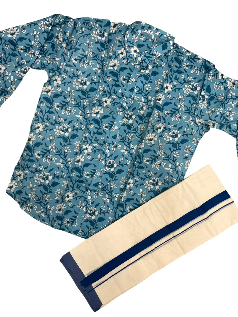 Southloom Cotton Jaipur Printed Men's Combo In Blue (Shirt + Mundu) SLCOMBO SL564