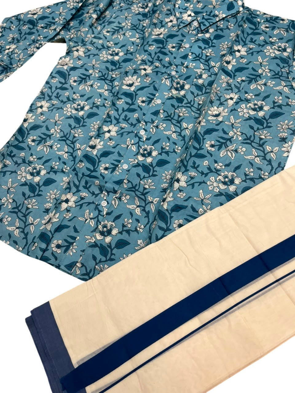 Southloom Cotton Jaipur Printed Men's Combo In Blue (Shirt + Mundu) SLCOMBO SL564
