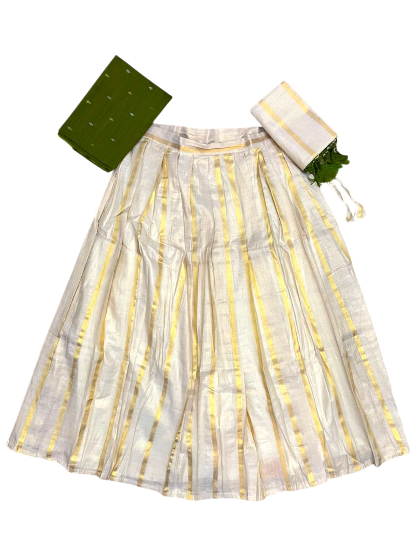 Southloom Semi Stitched Tissue Dhavani Set with Pavada and Olive Green Blouse Piece