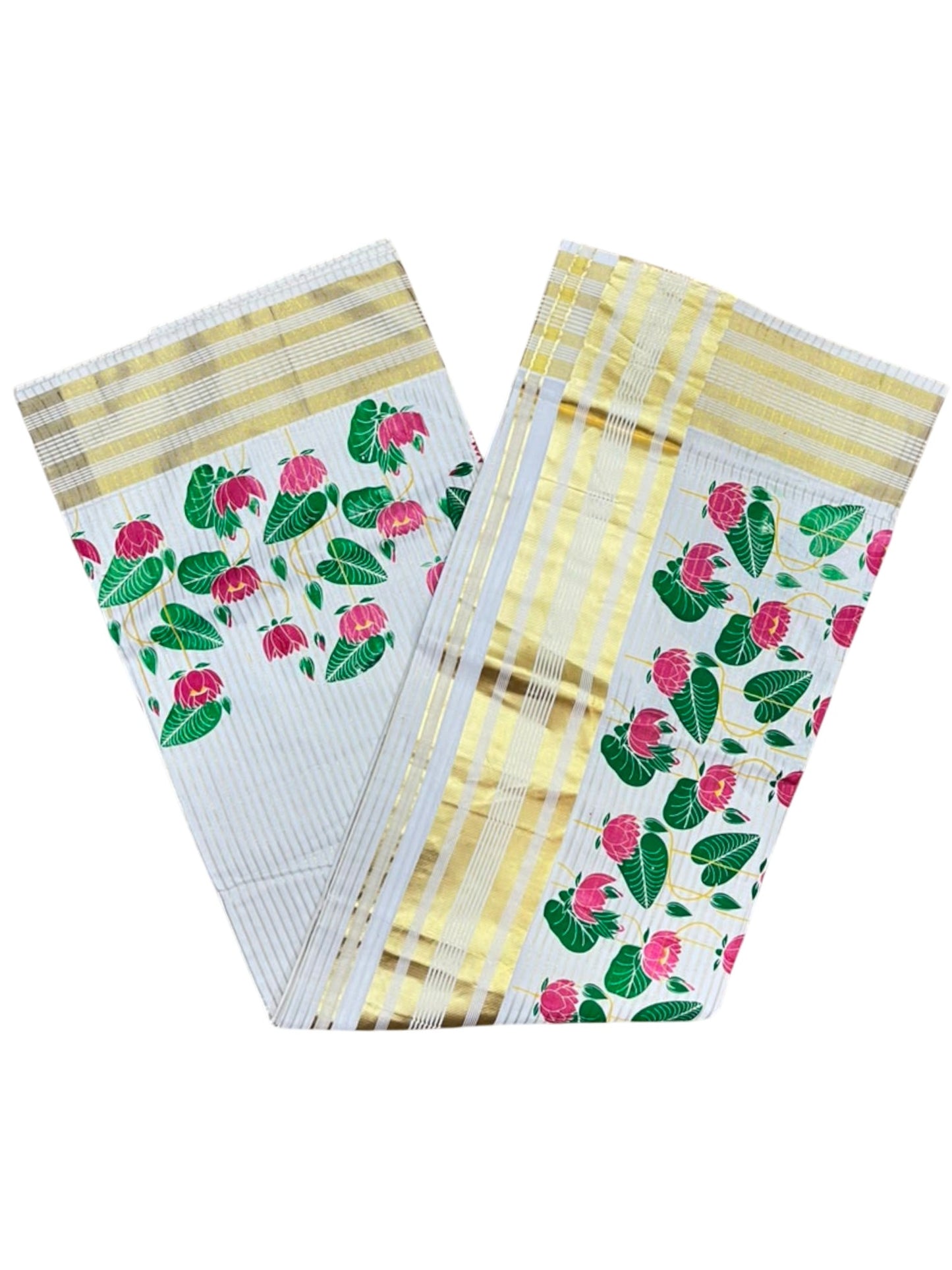 Southloom Kerala Cotton Microstripes Saree with Digital Print Lotus Design SL562