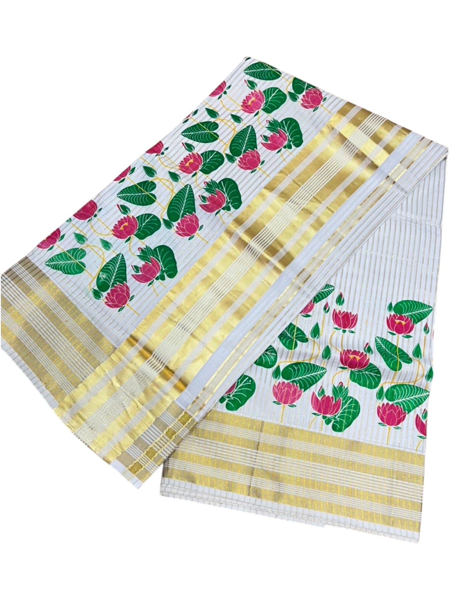 Southloom Kerala Cotton Microstripes Saree with Digital Print Lotus Design SL562